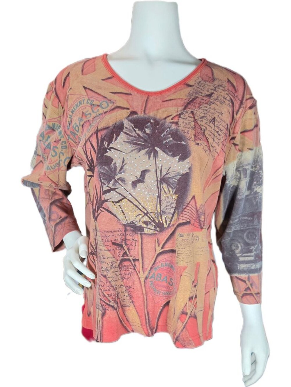 Vtg Cactus Bay Apparel Tabasco Shirt XXL Studded Postcard Graphic 3/4 Sleeve